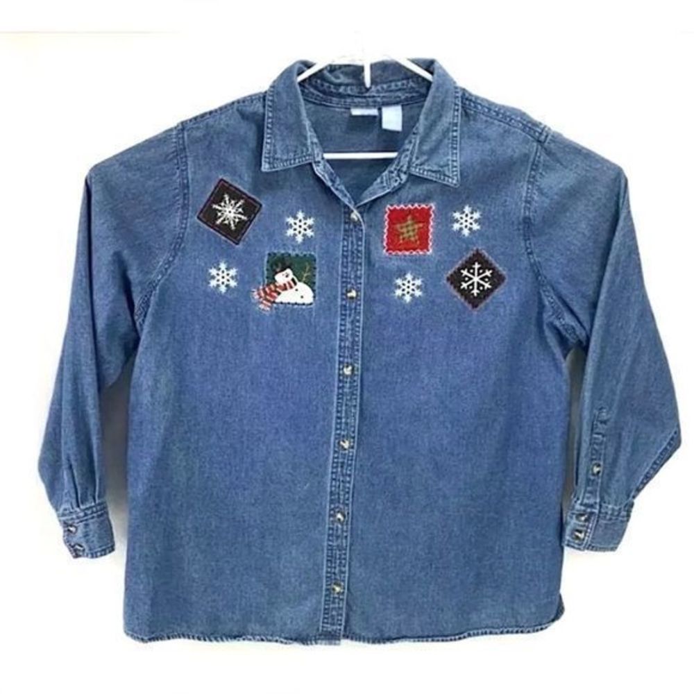 Holiday Editions Denim Shirt with snowman size 1X